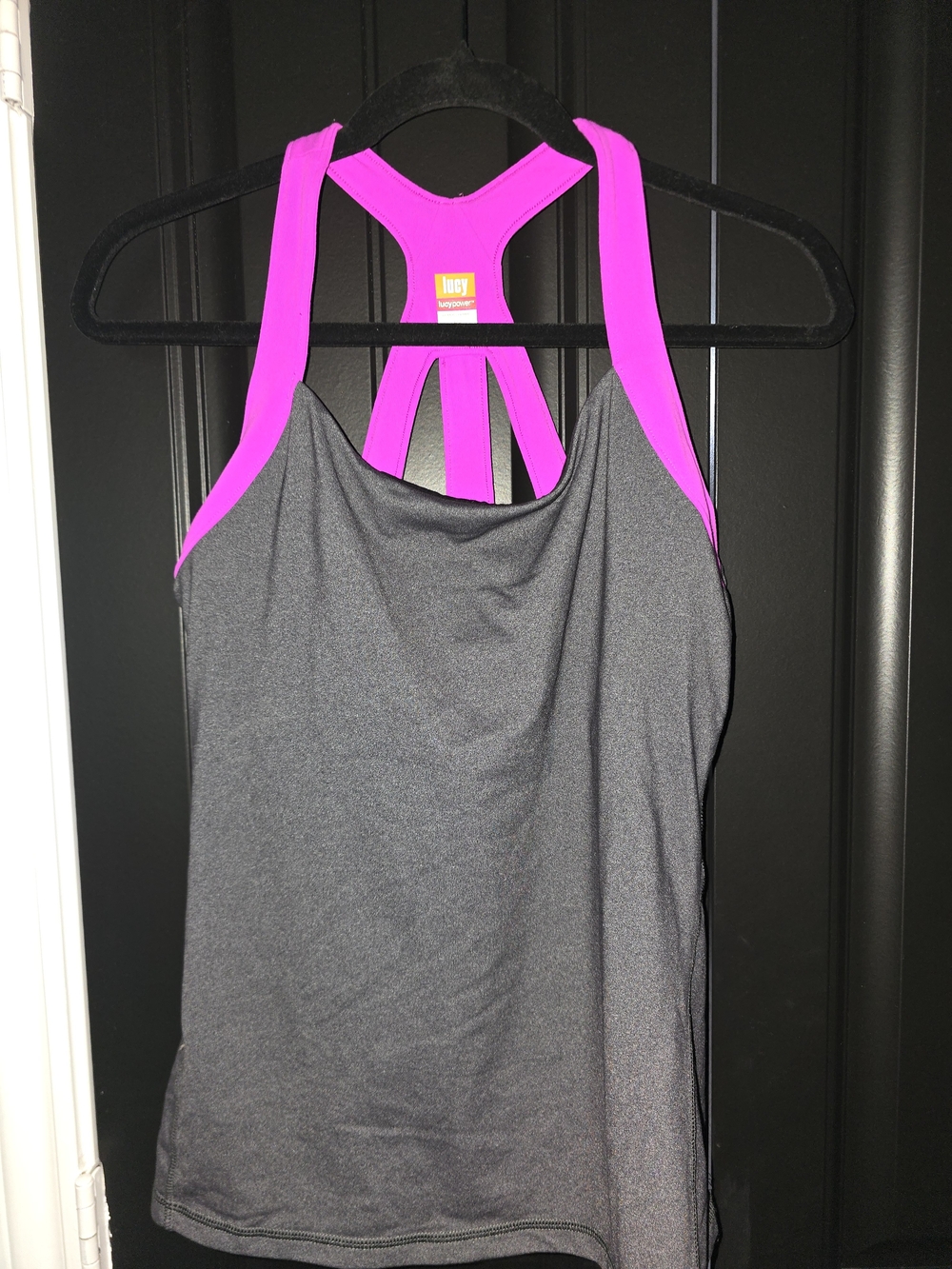 Lucy Gray Tank Top with Bright Pink Strappy Back